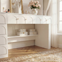 63" Modern White Versatile Vanity Desk with Massive Storage and Arched Glass Doors