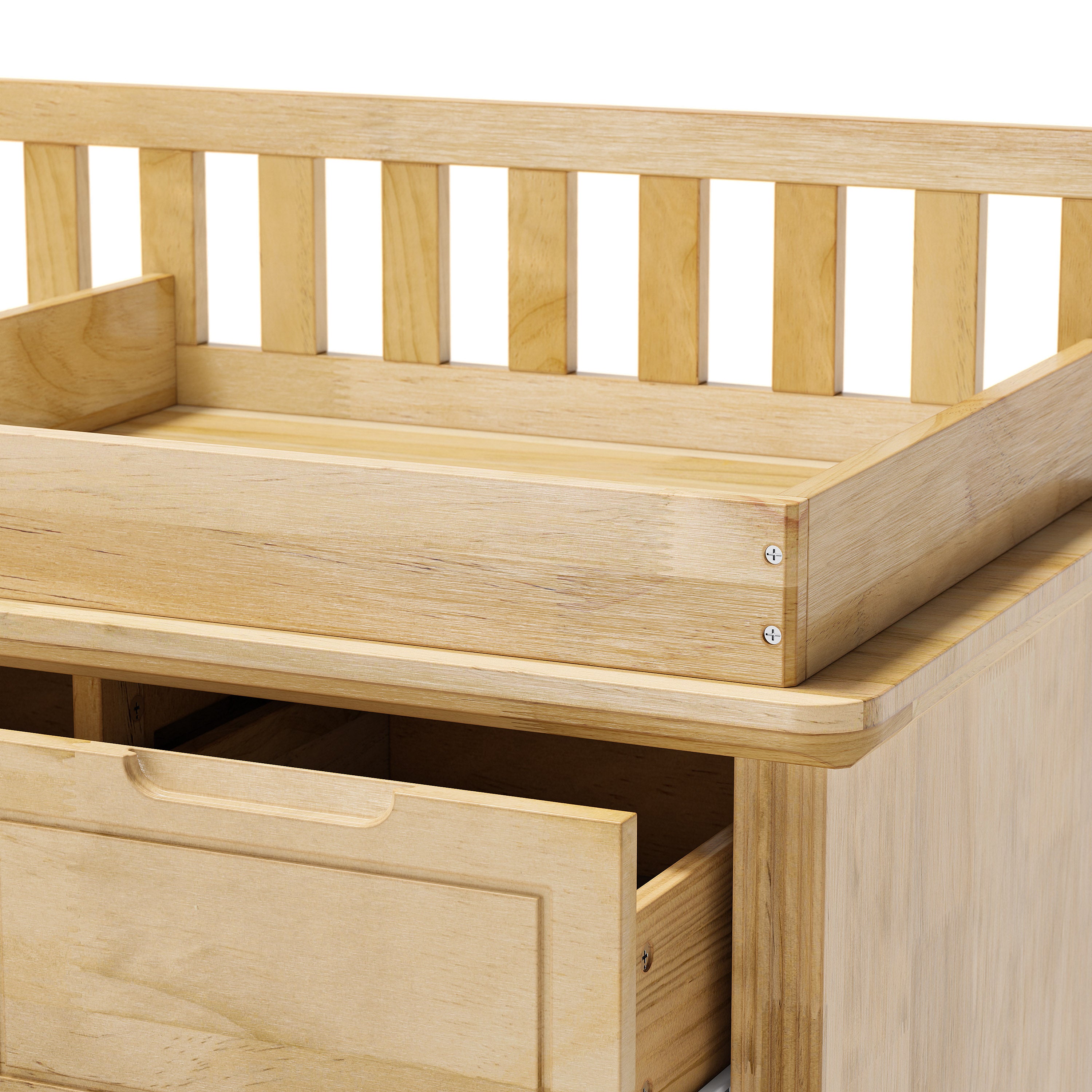 Wood changing table dresser with removable changing topper and multiple drawers