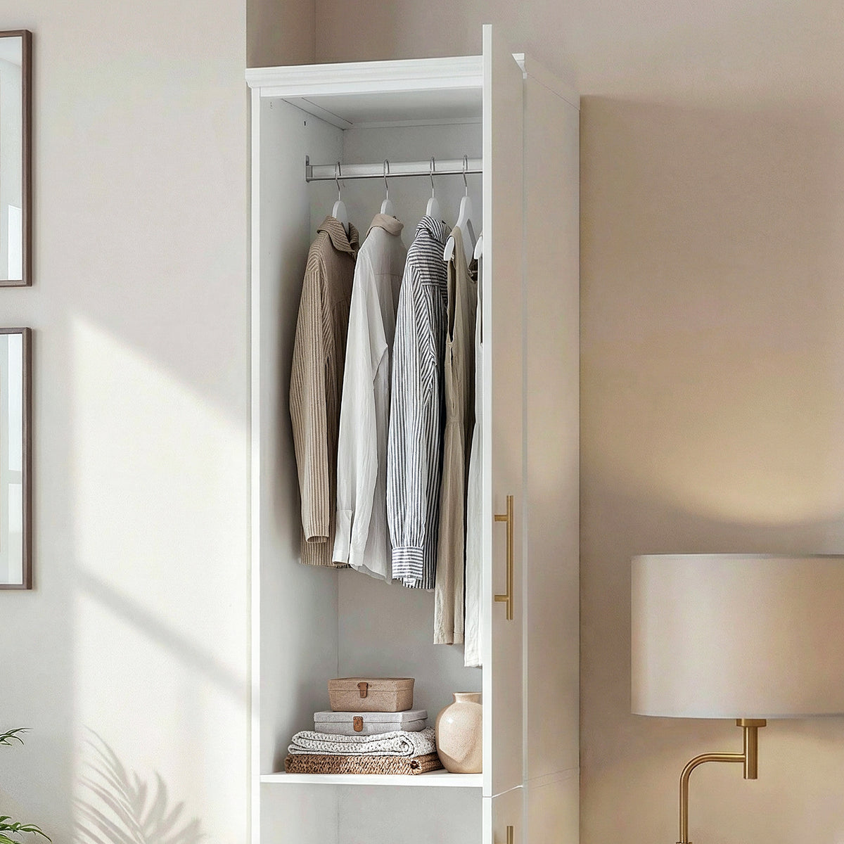 15.7 inches Modern White Compact Wardrobe with Dual Doors, Golden Handles and Multiple Storage Sections