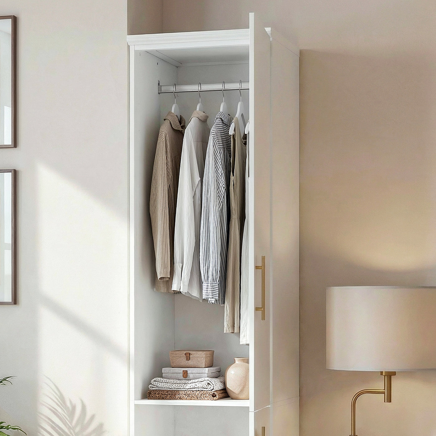 Rena 15.7" Modern White Compact Wardrobe with Dual Doors, Golden Handles and Multiple Storage Sections