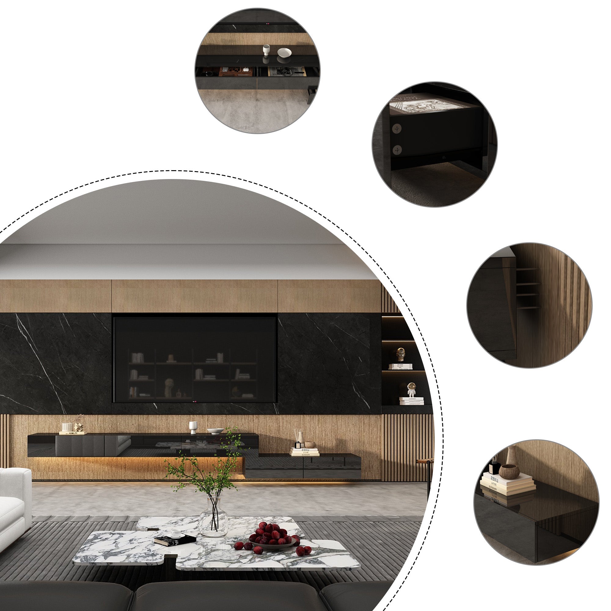 94.5 inches Modern Minimalist Black TV Stand Wall-Mounted And Freely Arranged TV Stand With LED