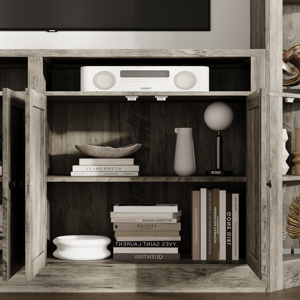 100" Modern Gray Entertainment Center with Storage Cabinets and Open Shelves