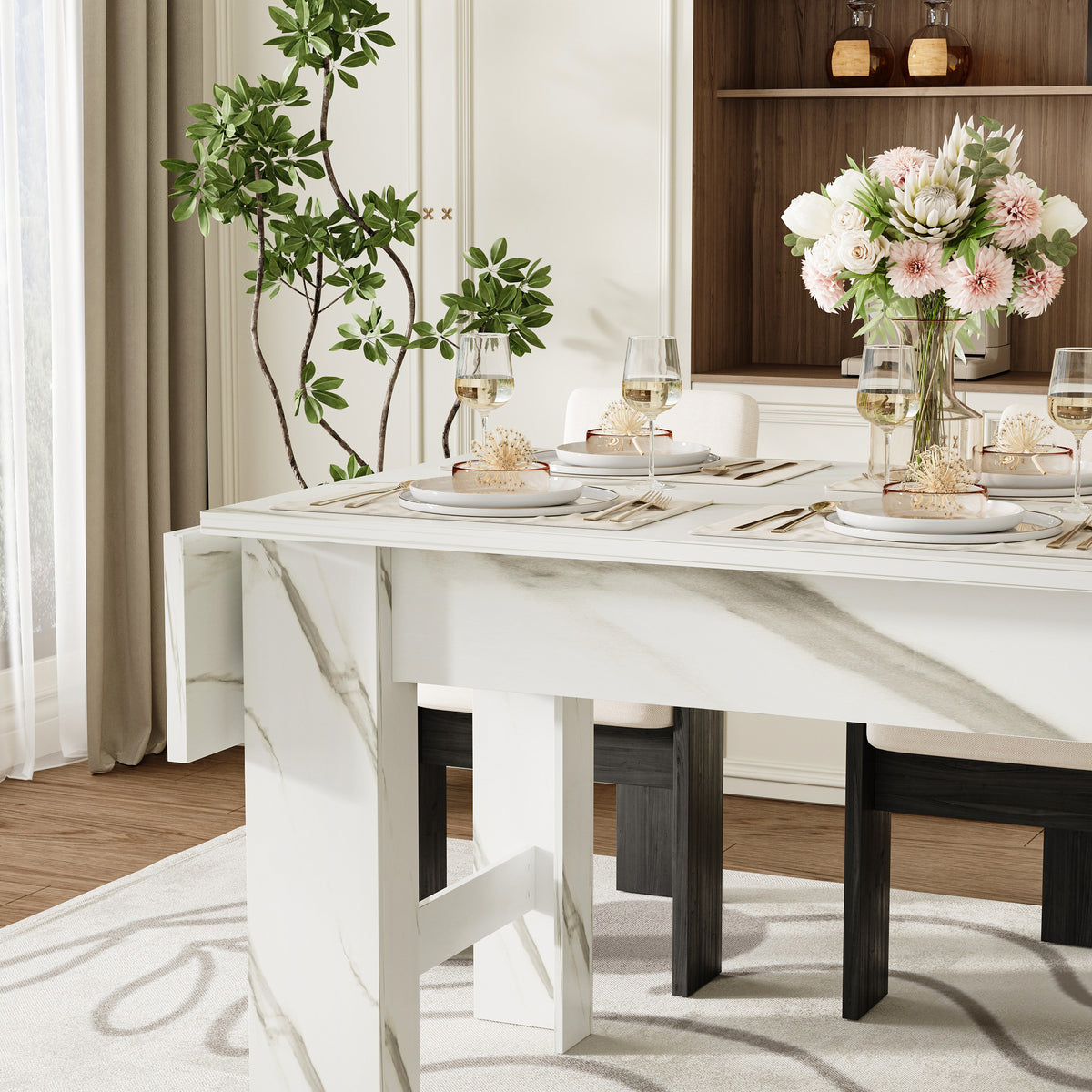 94.5" Modern White Dining Table with 2 Built-in Leaves