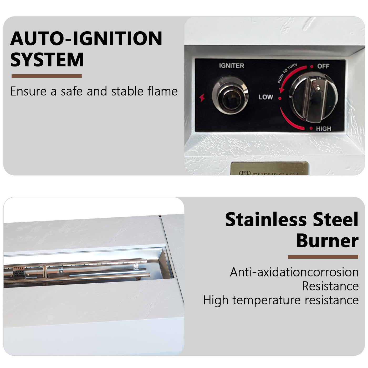Stainless steel appliance with auto-ignition system and high-temperature resistant burner.