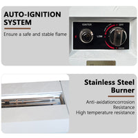 Stainless steel appliance with auto-ignition system and high-temperature resistant burner.