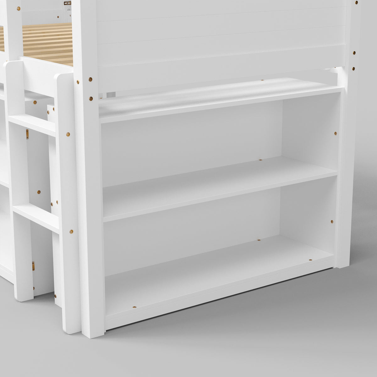 White kids loft bed with built-in desk, shelves, ladder, and storage space