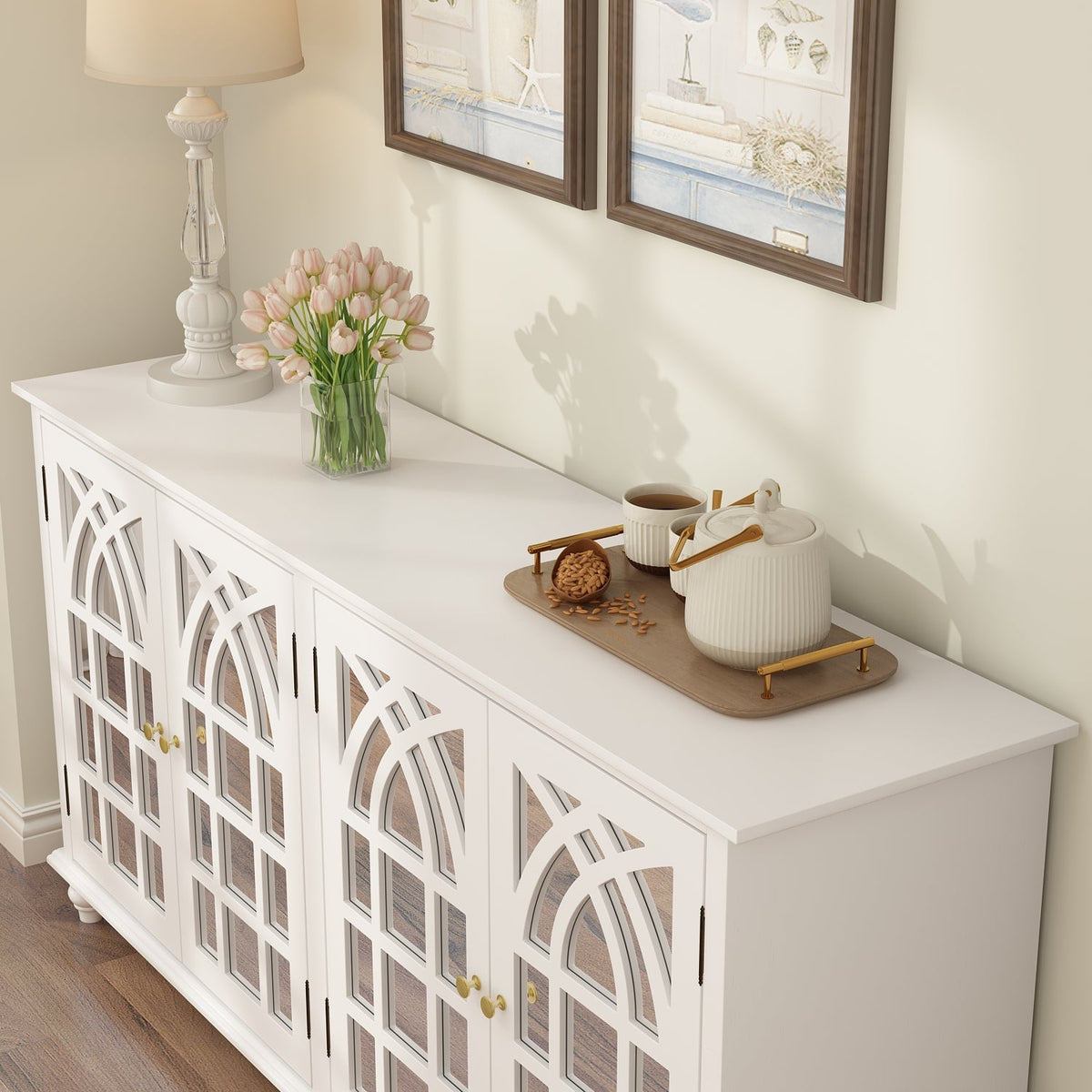 Wood Storage Cabinet Modern Sideboard Stand with 4 Mirrored Glass Doors