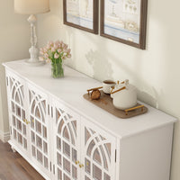 Wood Storage Cabinet Modern Sideboard Stand with 4 Mirrored Glass Doors