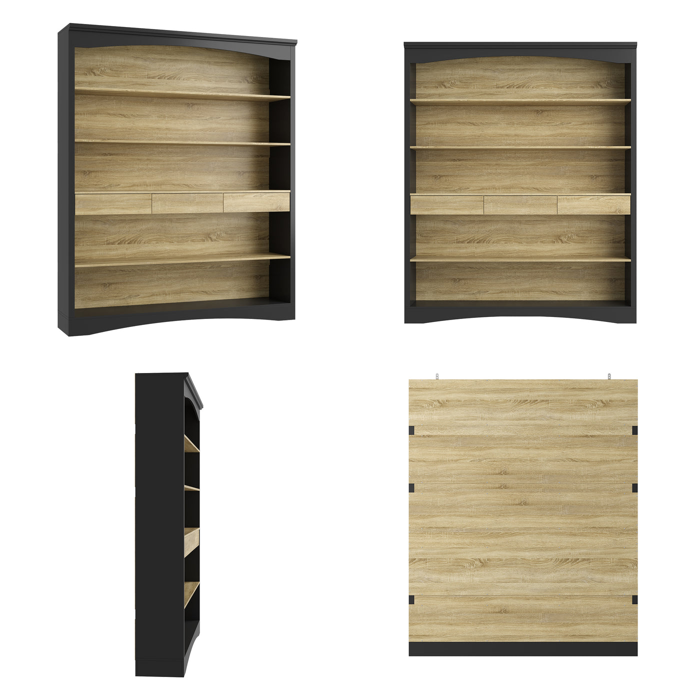 Set of bookshelves with wooden shelves and black frames on a white background