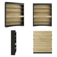 Set of bookshelves with wooden shelves and black frames on a white background
