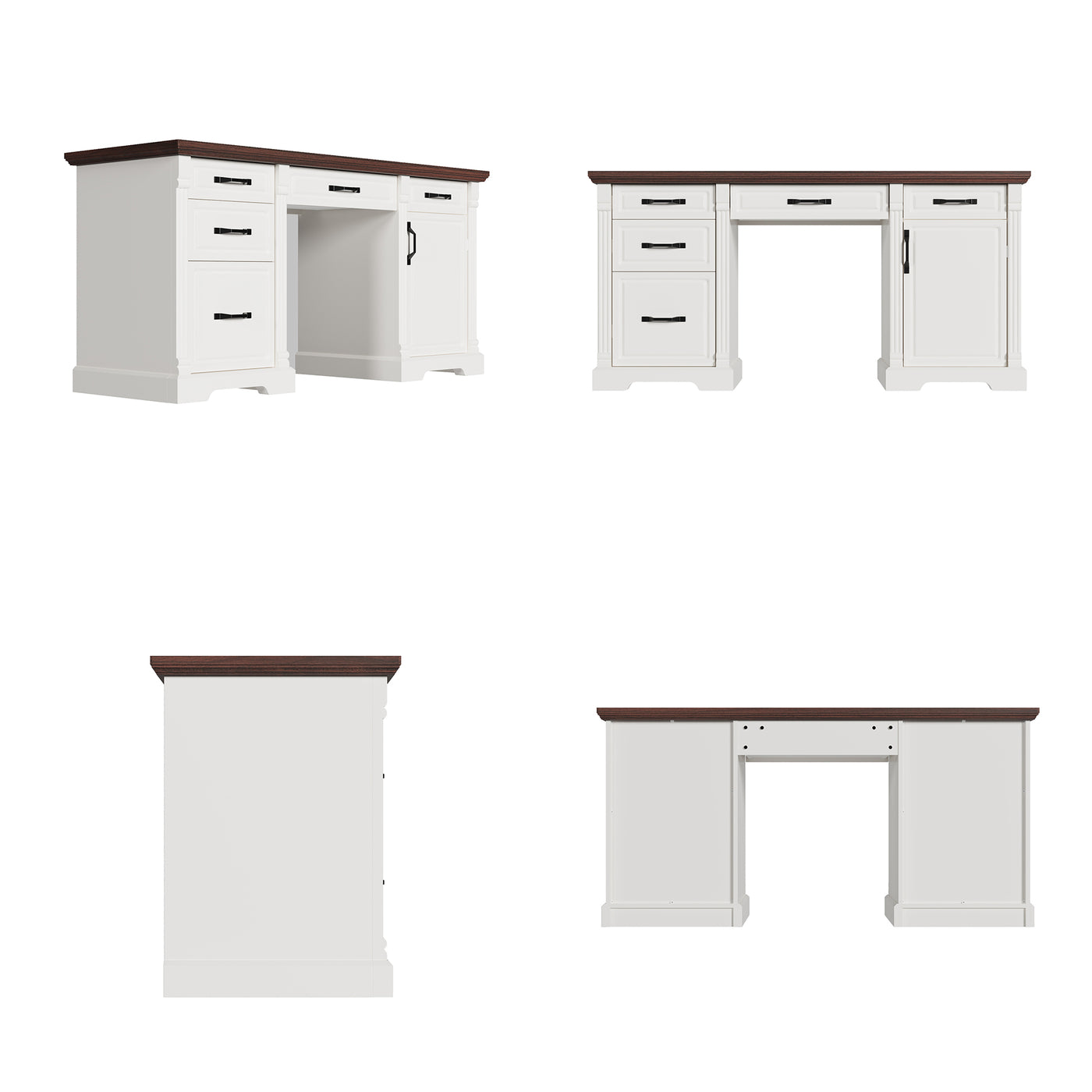 59" Traditional Walnut & White Computer Desk with 5 Drawers