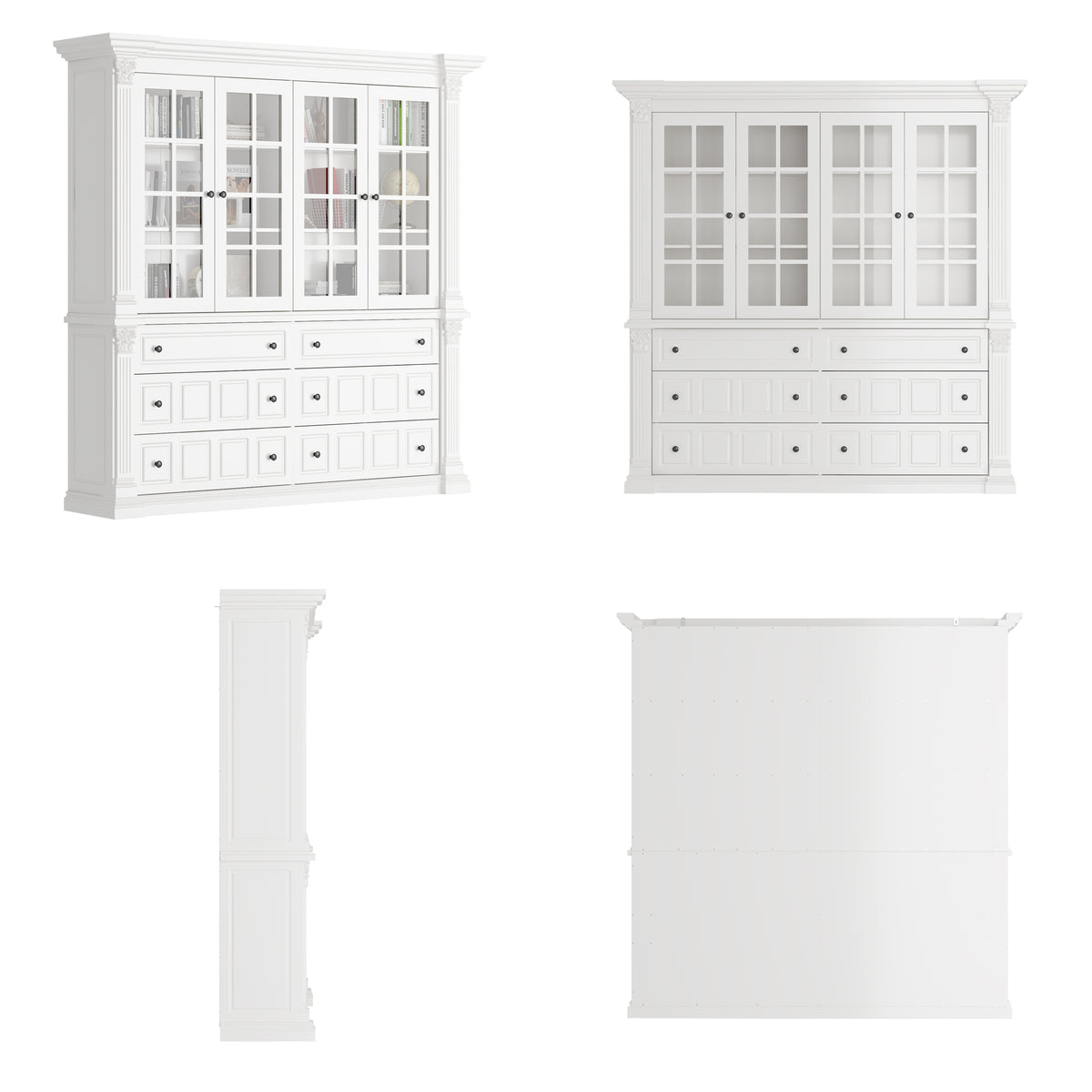 63" Modern White Tall Bookcase with 6 Drawers & 4 Tempered Glass Doors