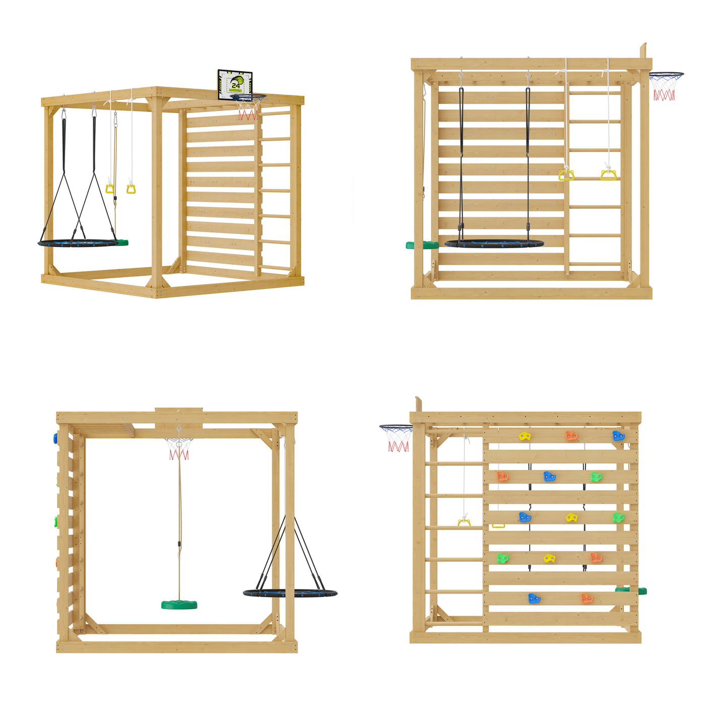 78.7" 8-in-1 Solid Wood Outdoor Playset with Swings, Climbing Wall and Basketball Hoop