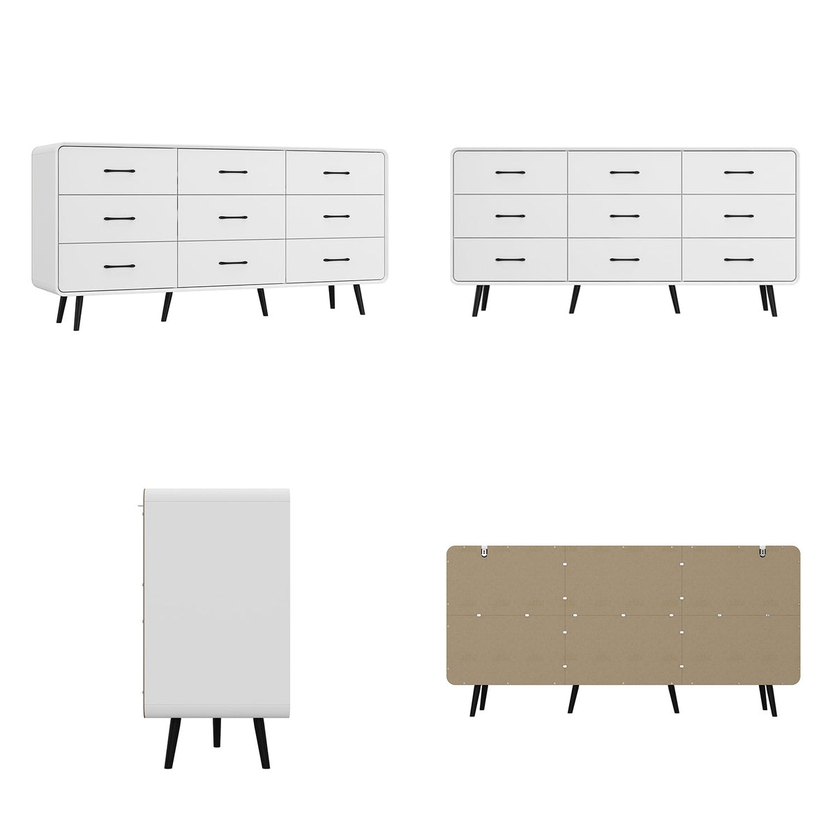 63" Modern White Rectangular Dresser With Nine Drawers And Metal Legs