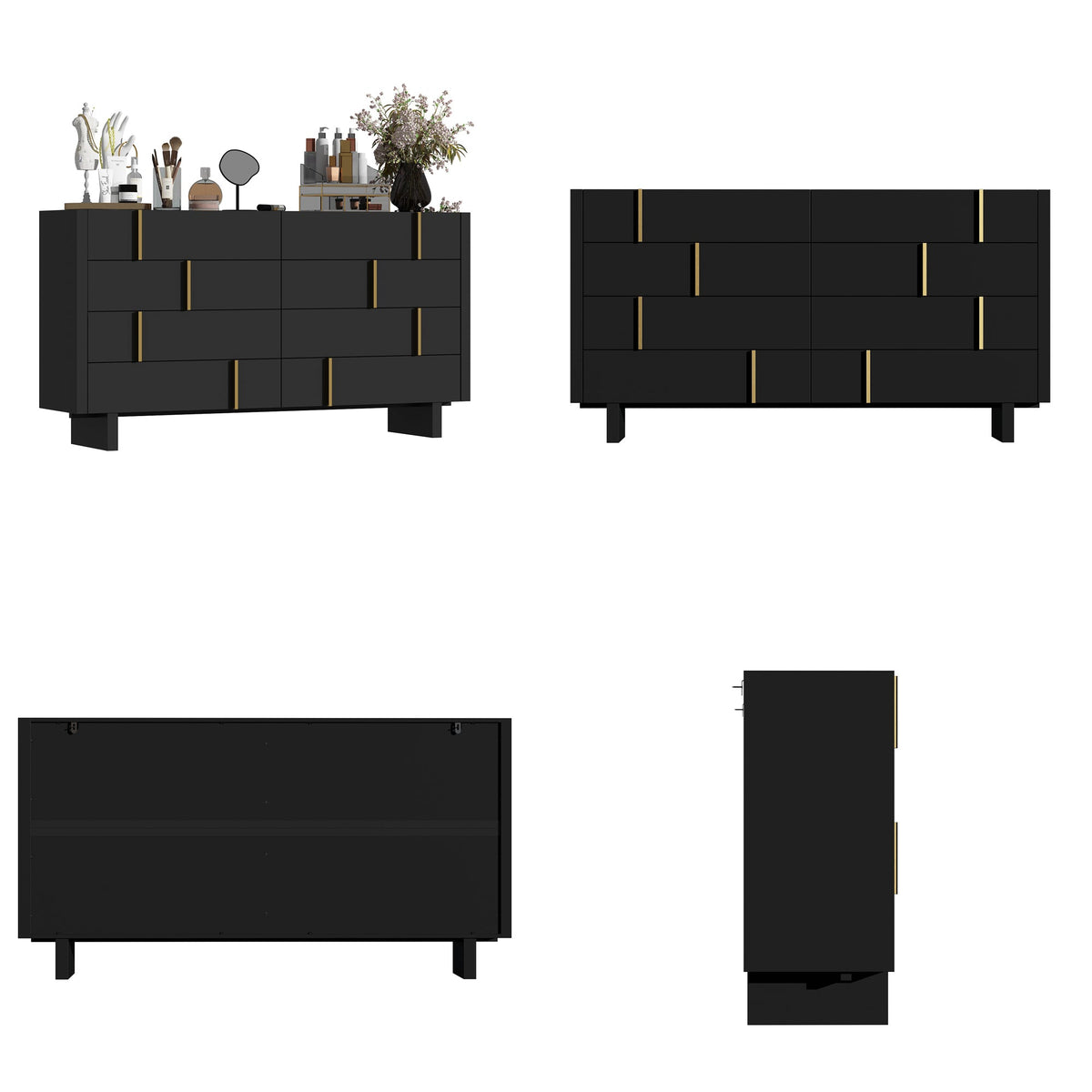 70.9" Modern Black Dresser With 8 Drawers And Gold Accents
