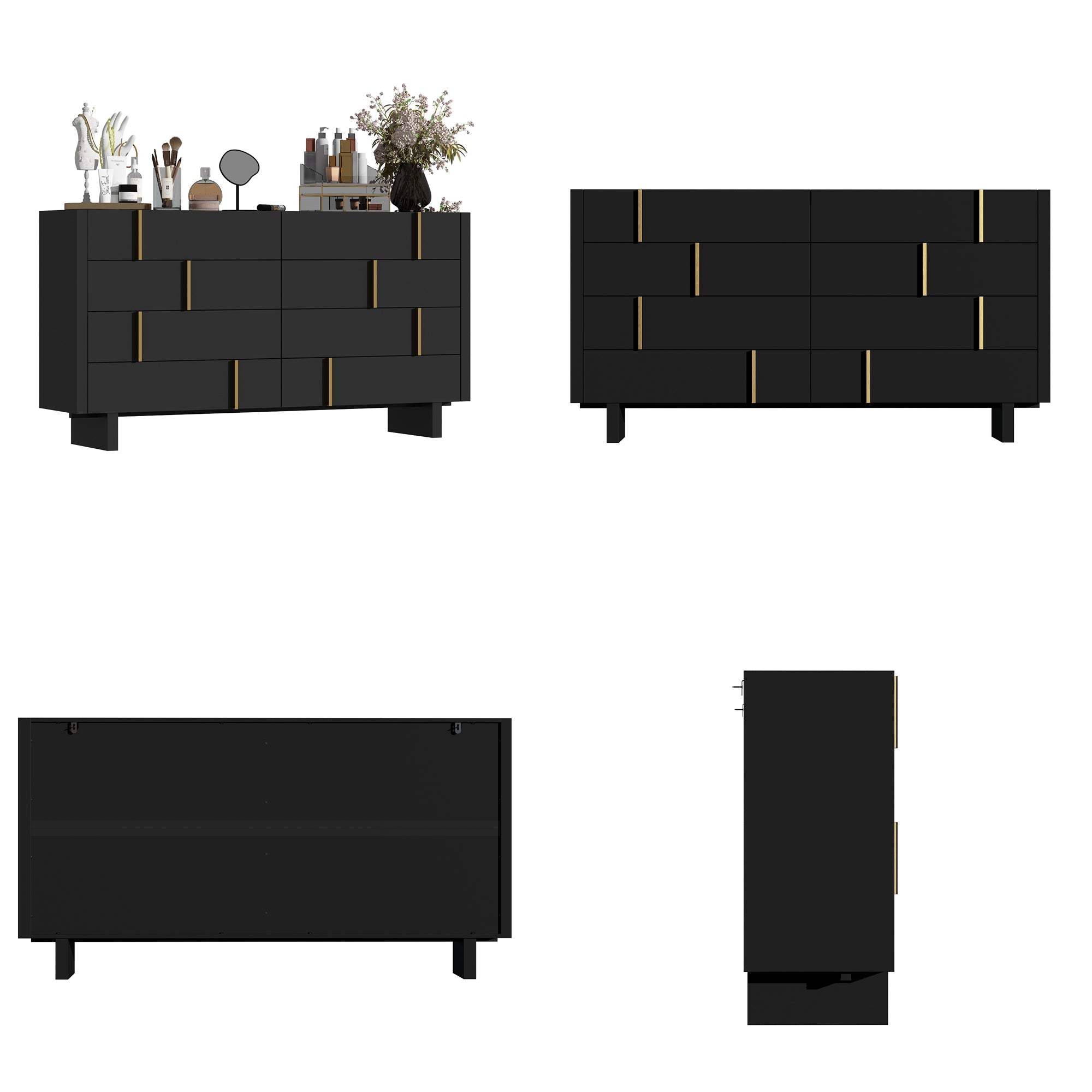 70.9 inches Modern Black Dresser With 8 Drawers And Gold Accents