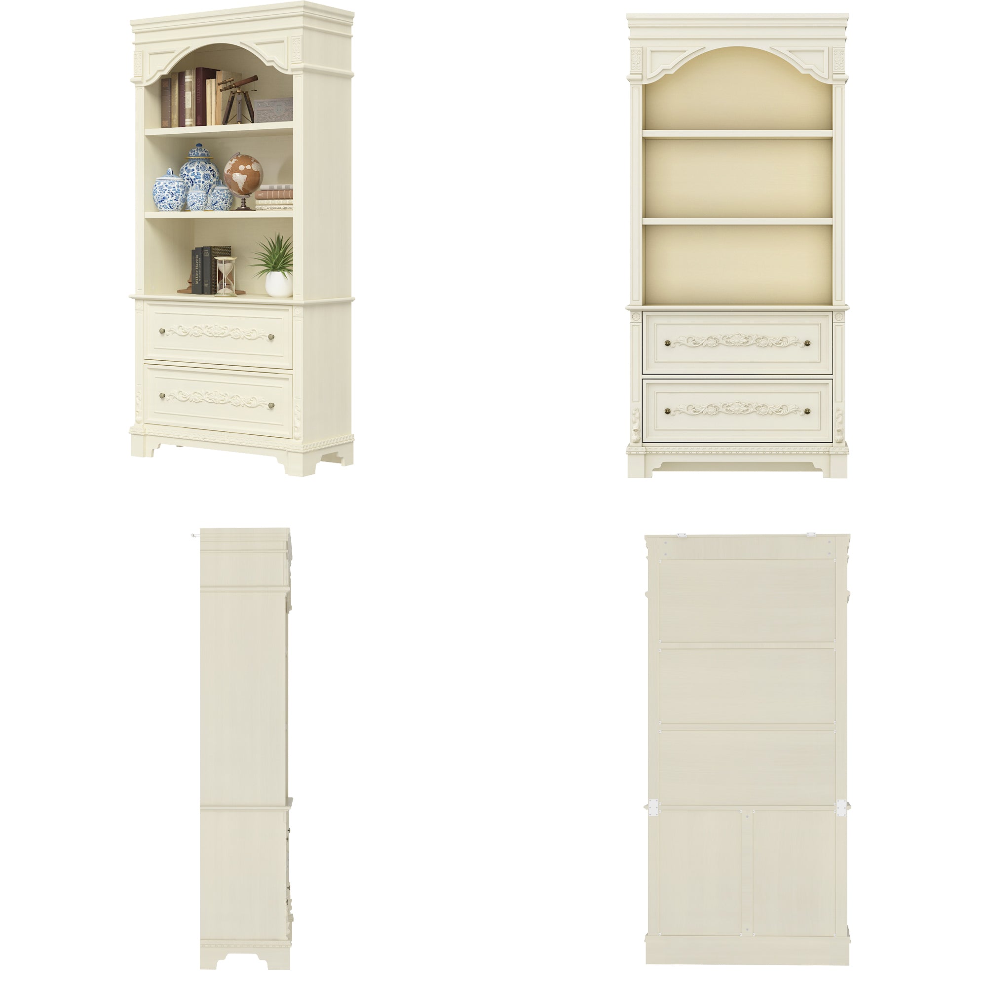 Elegant Display Cabinet With 3 Open Shelves & 2 Carved Drawers