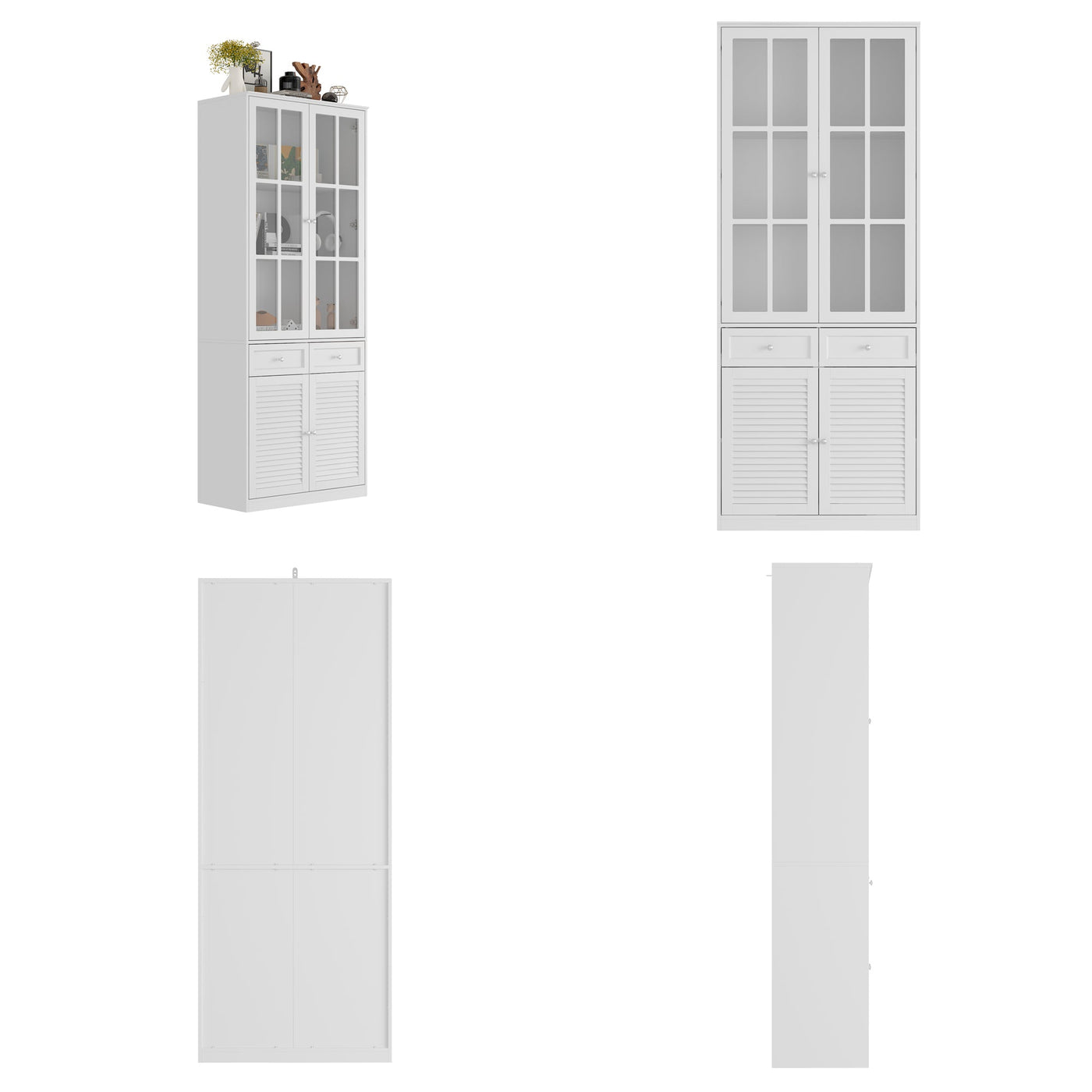 31.5" Modern White Bookcase With Glass and Louvered Doors