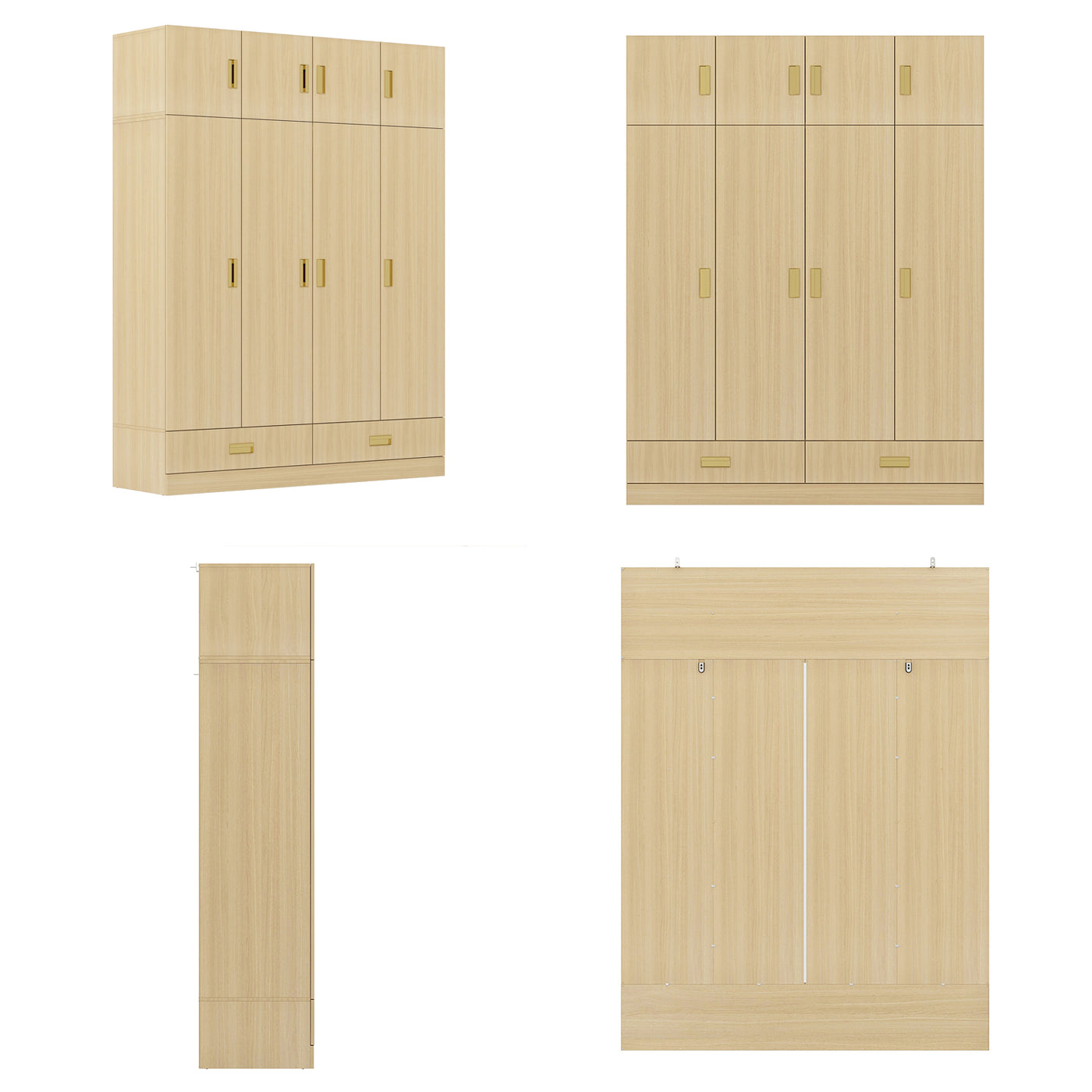 63" Beige Wood‑Grain 8‑Door Armoire Wardrobe with Top Cabinet, Hanging Rod and 2 Bottom Storage Drawers