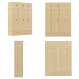 63 inches Beige Wood‑Grain 8‑Door Armoire Wardrobe with Top Cabinet, Hanging Rod and 2 Bottom Storage Drawers