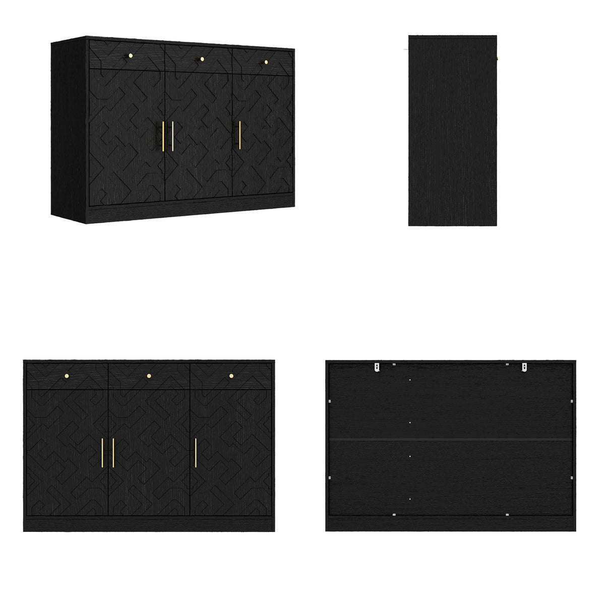 47.2" Rustic Black Embossed Accent Cabinet with 3 Drawers and Adjustable Shelves