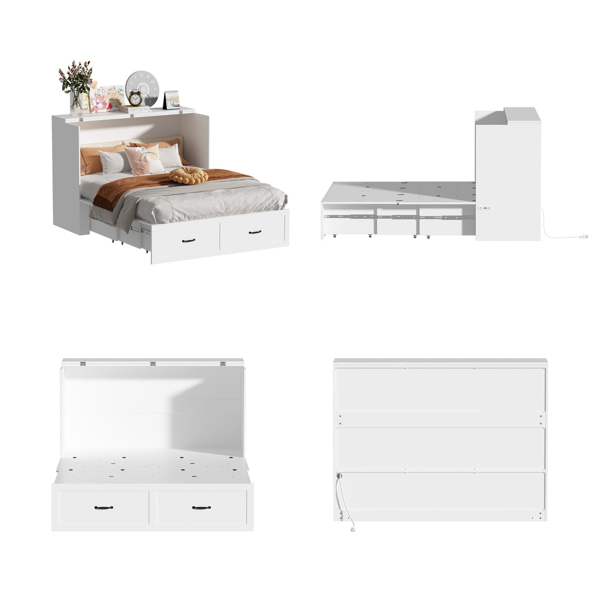 61.8" Modern Minimalist White Fold Out Bed with Power Outlets