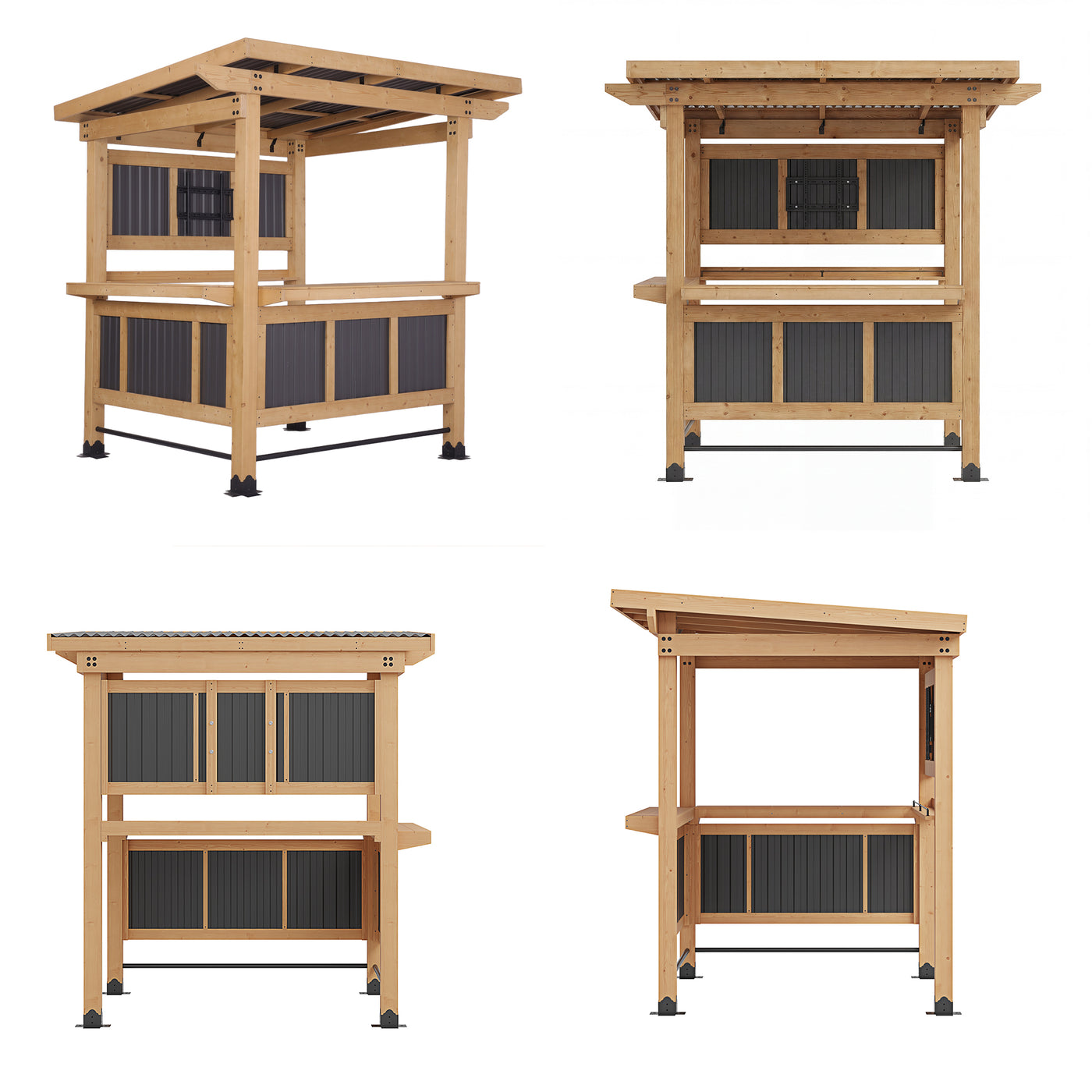 84.6" Cedar Wood Patio Bar Pergola with Double Bar, TV Mount and Footrest