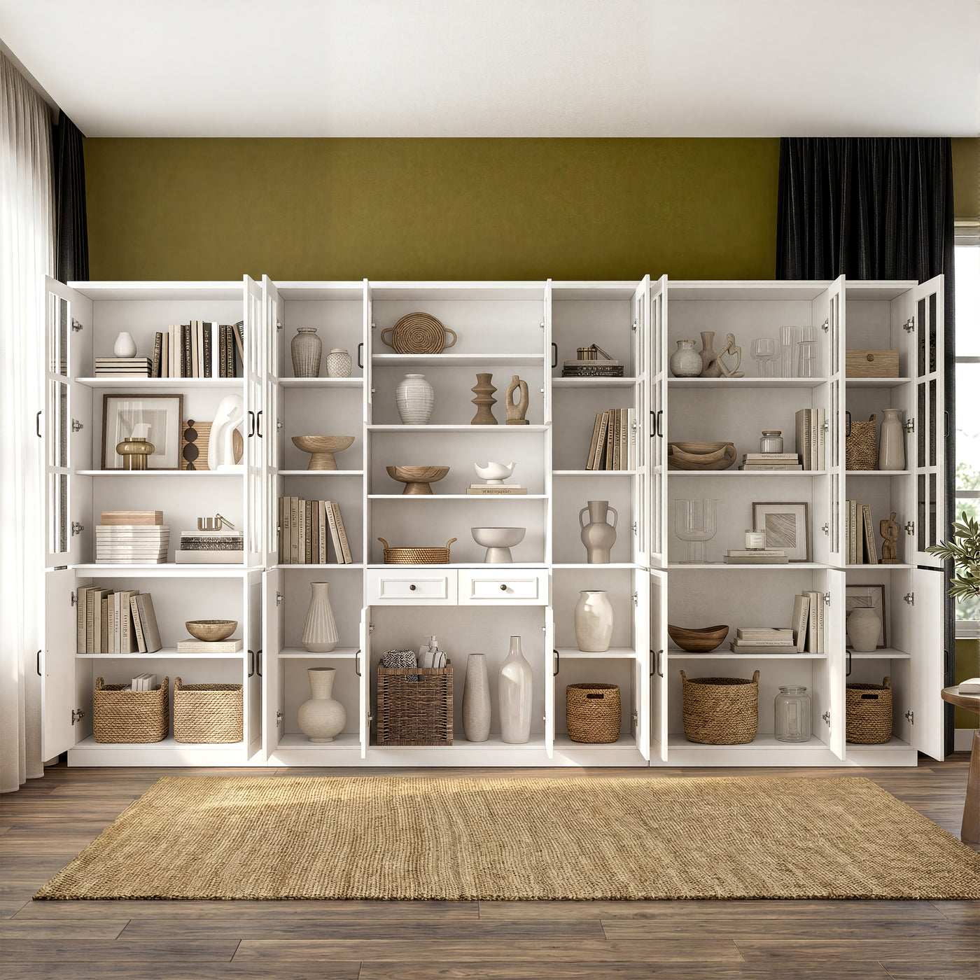 Sofna 141.7" Extra Wide White Filing Storage Cabinet with 9 Glass Doors and 2 Drawers