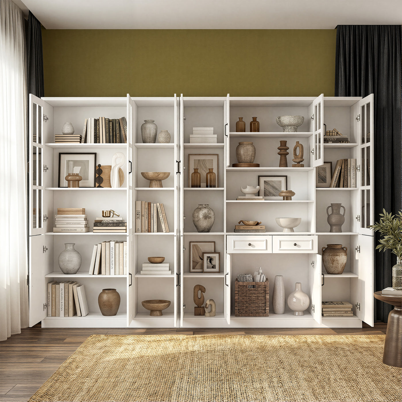 Sofna 110" Elegant Large White Standard Storage Bookcase with Glass Doors