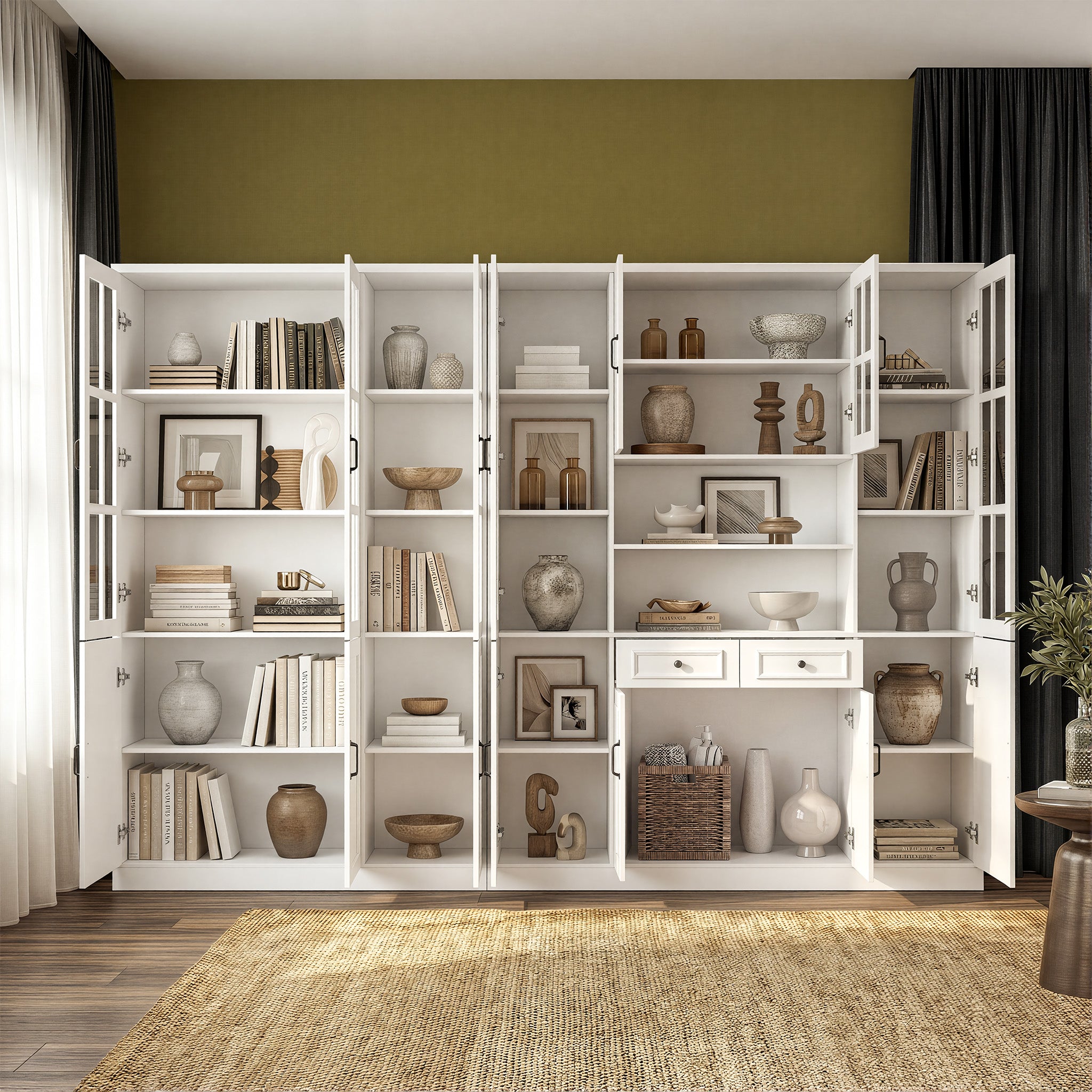 110 inch Elegant White Standard Storage Bookcase with Glass Doors and Shelves