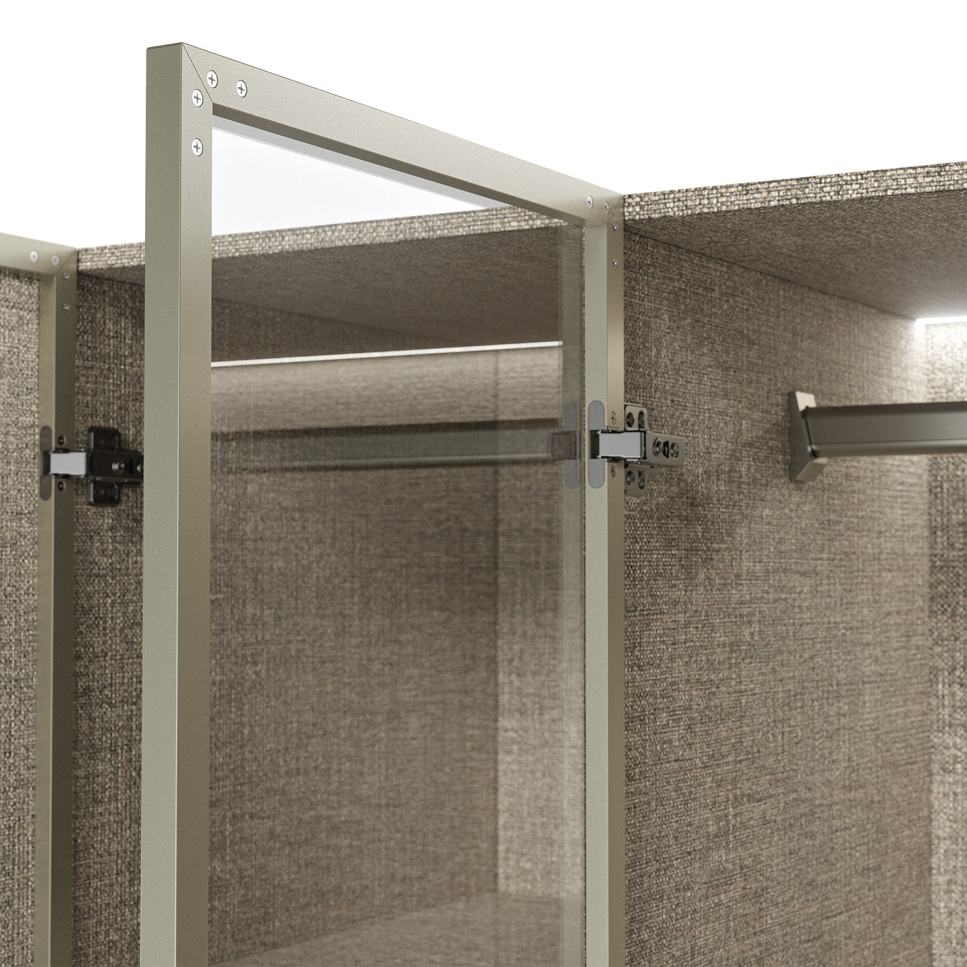 Beige wardrobe cabinet with glass doors, hanging rods, and top cabinets