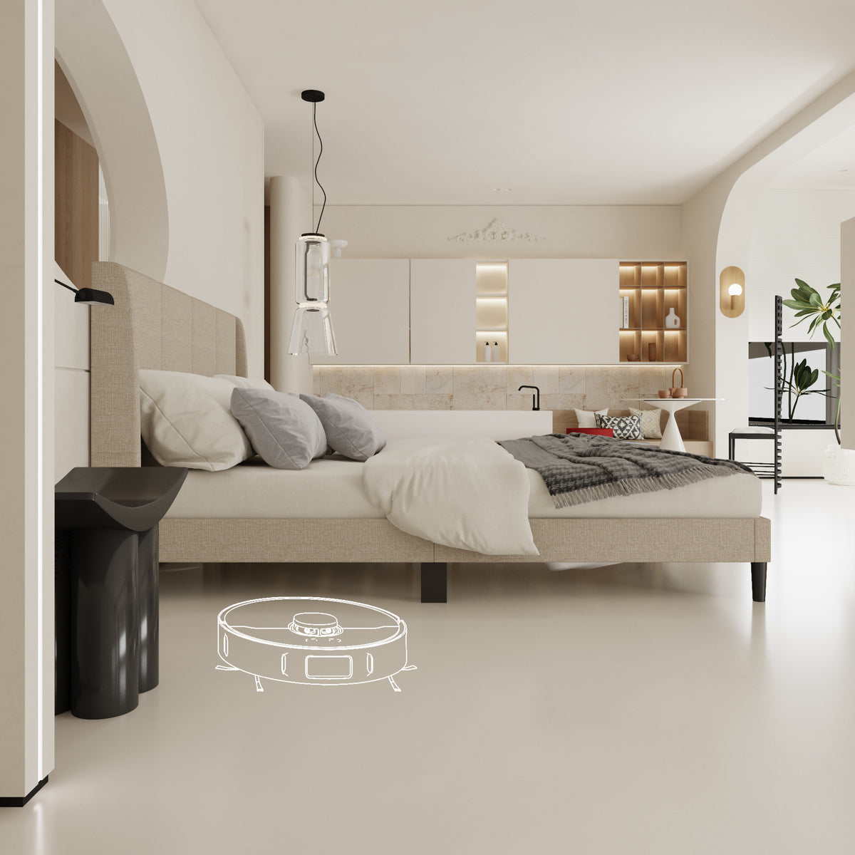 62.6 inch Modern Beige Platform Bed with Upholstered Headboard