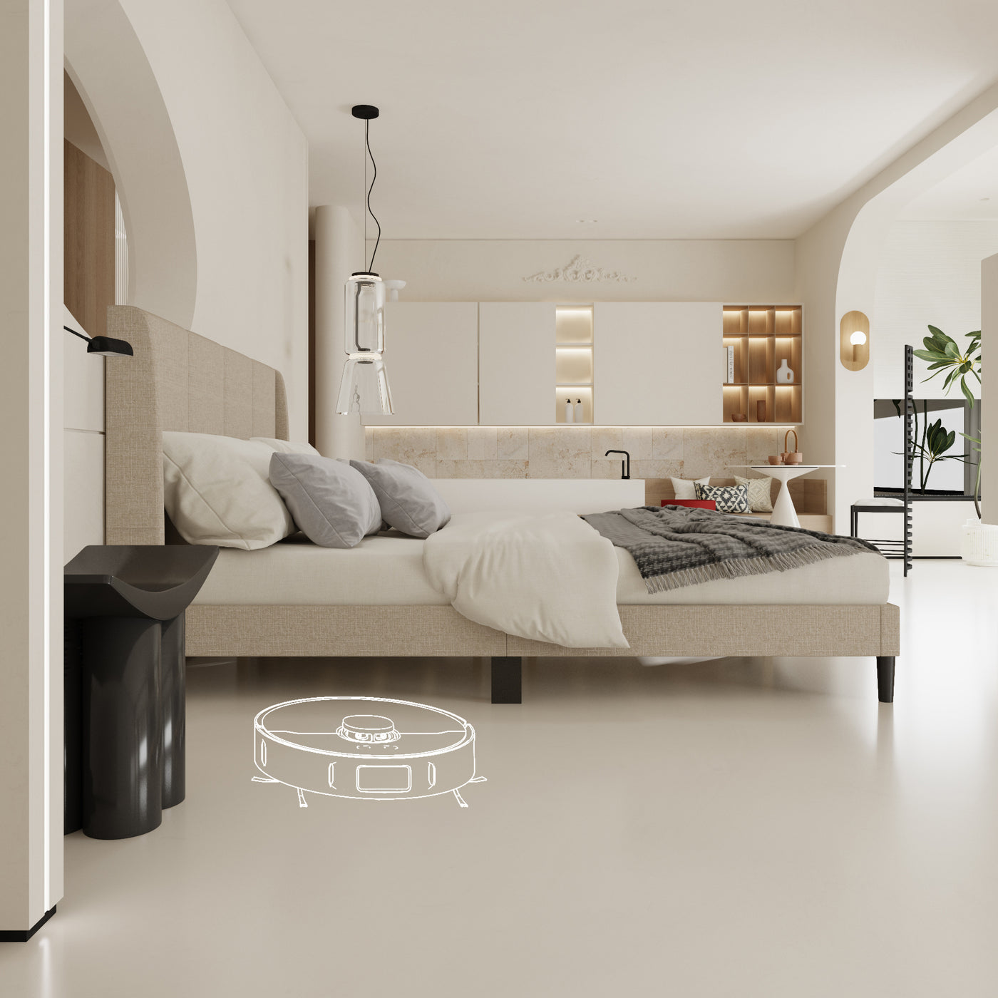 62.6" Modern Beige Platform Bed with Upholstered Headboard