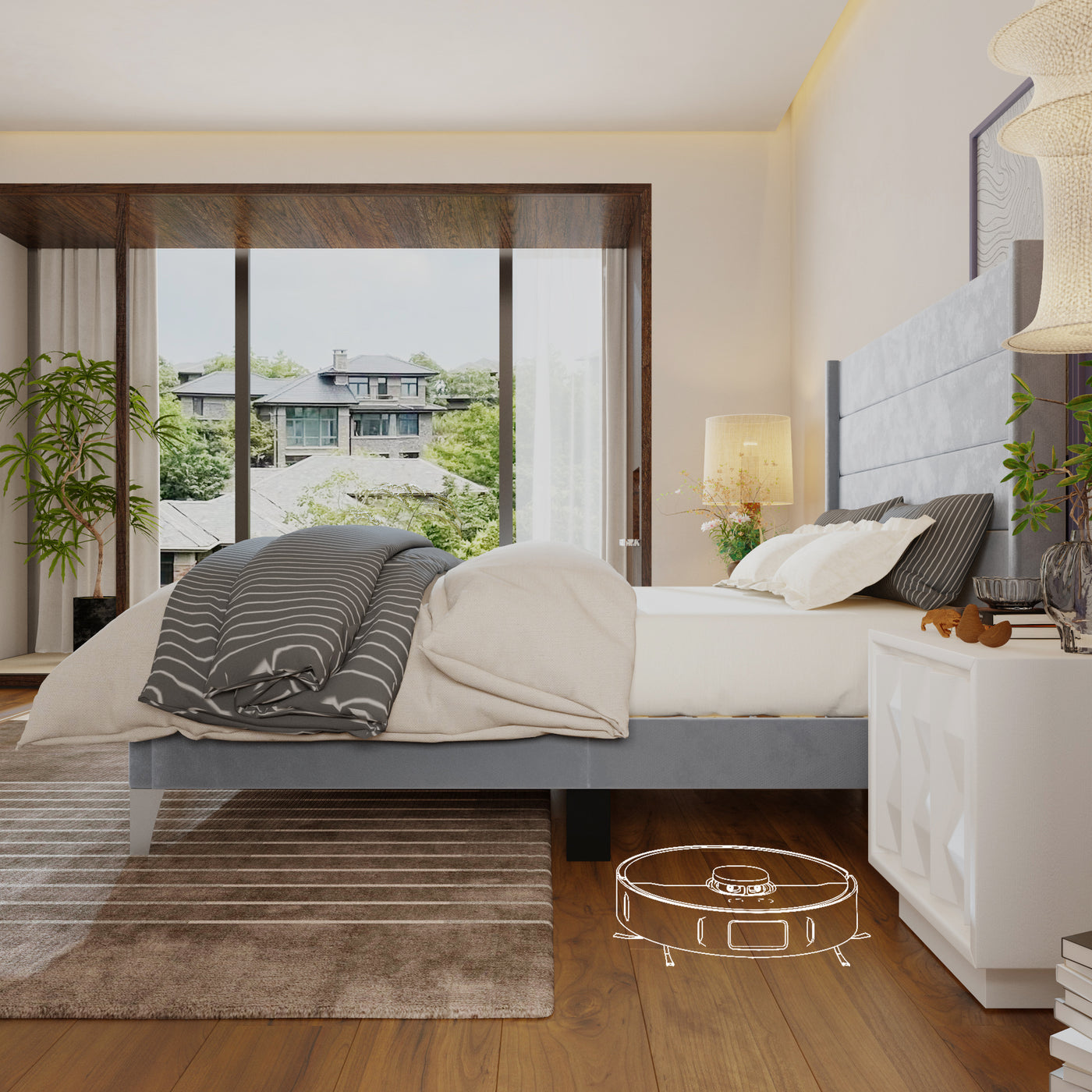 63.8" Simplistic Gray Platform Bed with Solid Wood Legs
