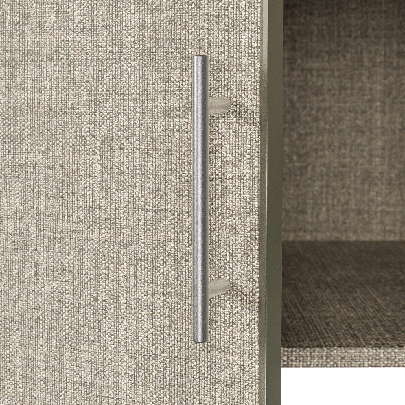 Beige wardrobe cabinet with glass doors, hanging rods, and top cabinets