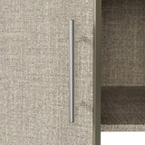 Beige wardrobe cabinet with glass doors, hanging rods, and top cabinets