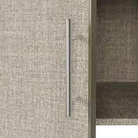 Beige wardrobe cabinet with glass doors, hanging rods, and top cabinets