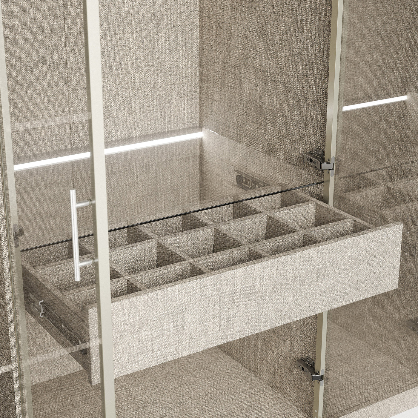 Beige wardrobe cabinet with glass doors, hanging rods, and top cabinets