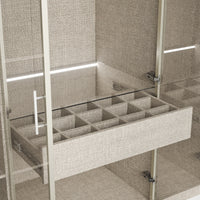 Beige wardrobe cabinet with glass doors, hanging rods, and top cabinets