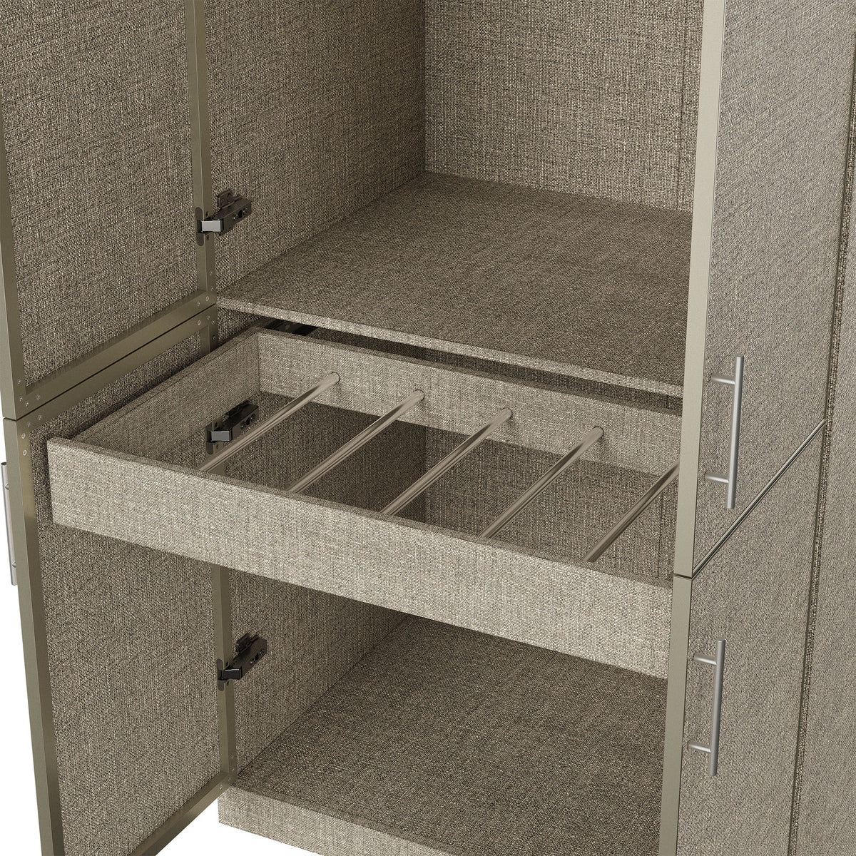 Beige armoire with pants rack and hanging rod