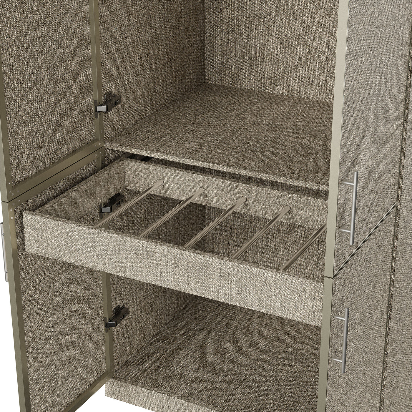 Beige armoire with pants rack and hanging rod