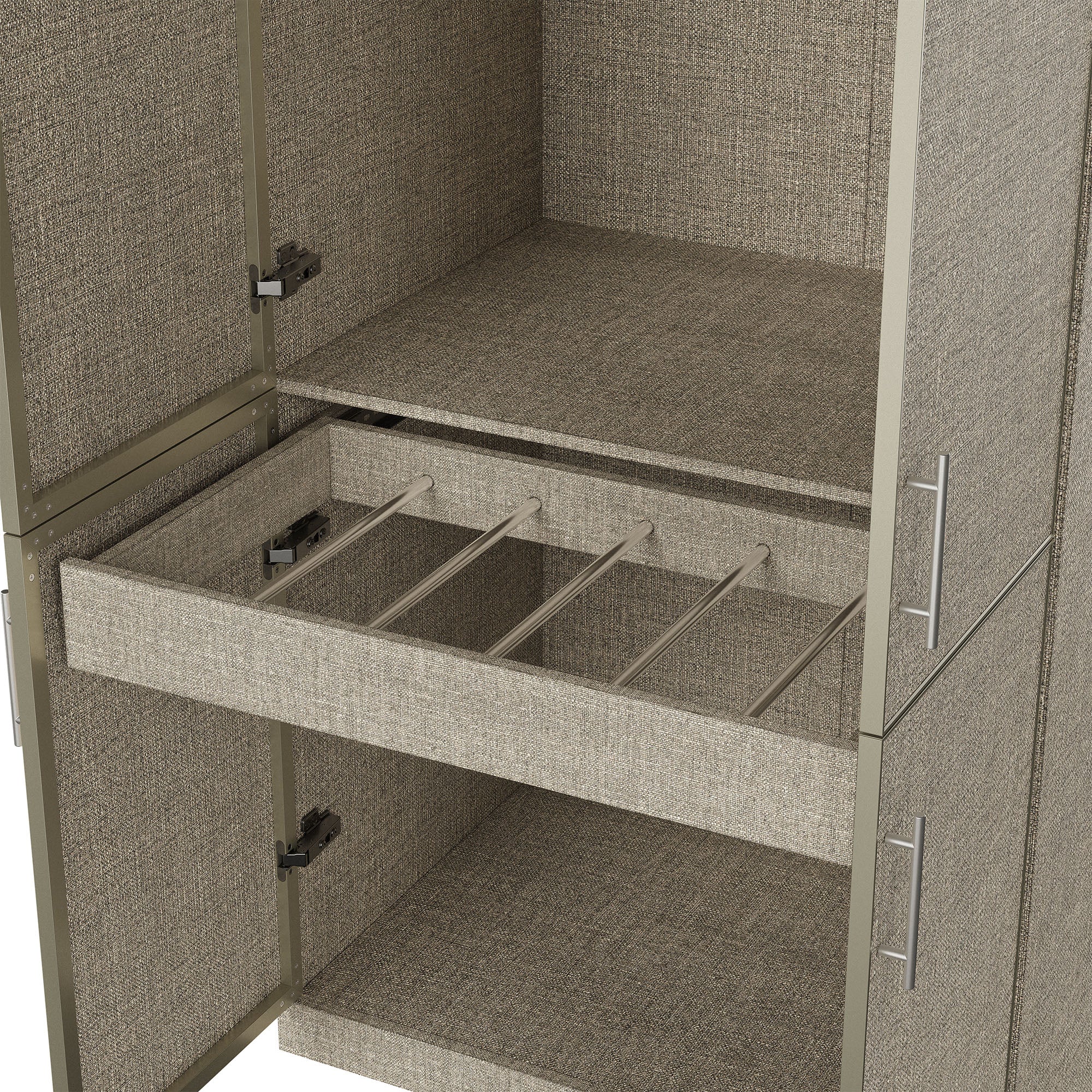 Beige armoire with pants rack and hanging rod