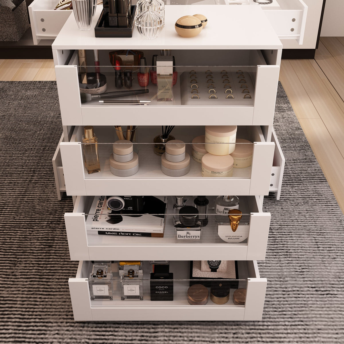 47.2" Modern White Closet Island with Strong Storage and Glass Top