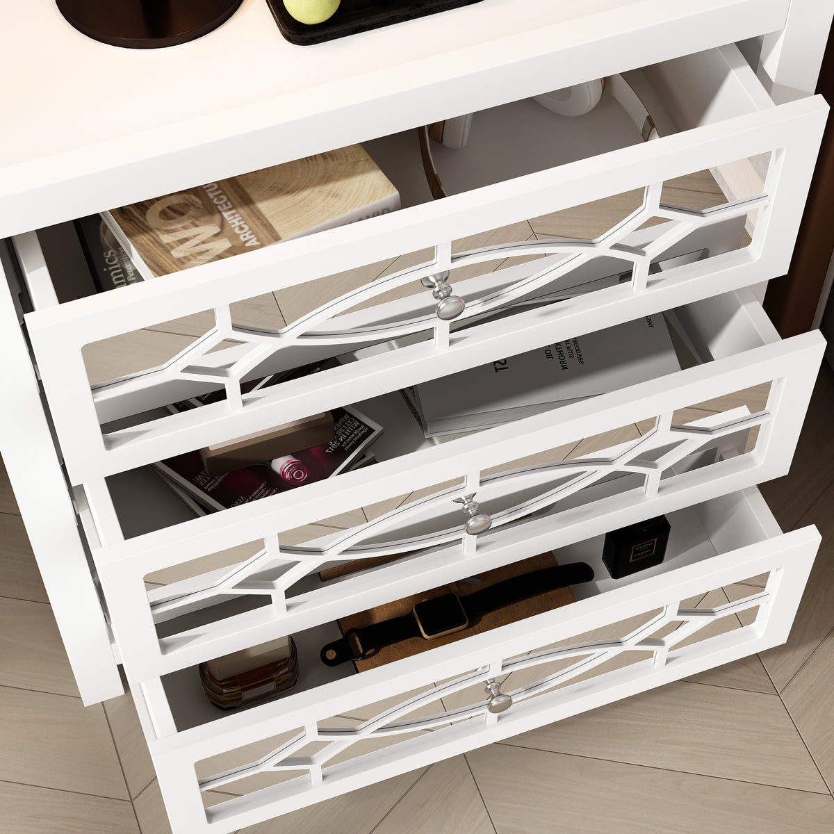 26" Mirrored 3-Drawer Dresser with Geometric Pattern