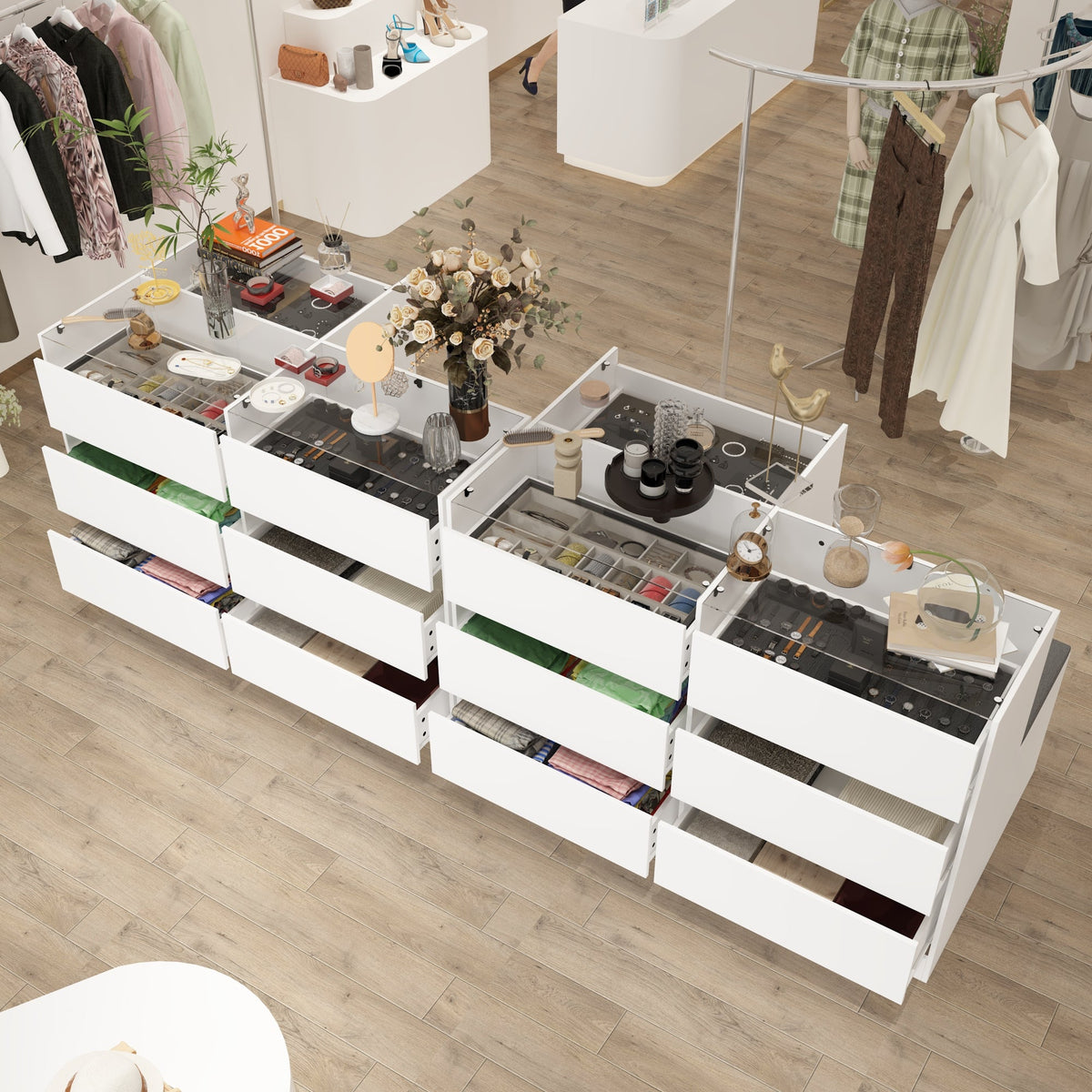 47.2" Modern White 4-Shelf Chest With Top And Comfortable Bench