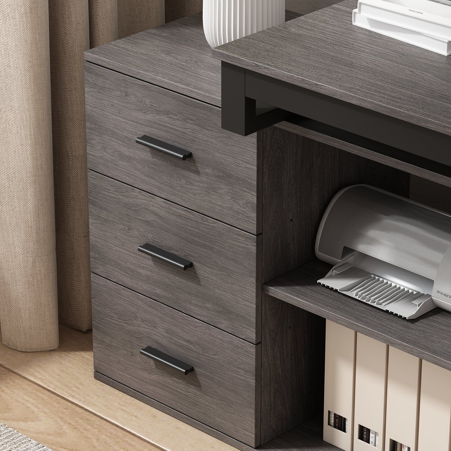 Home Office Computer Desk Corner Desk with 3 Drawers and 2 Shelves, 55 Inch Large L-Shaped Study Writing Table with Storage Cabinet