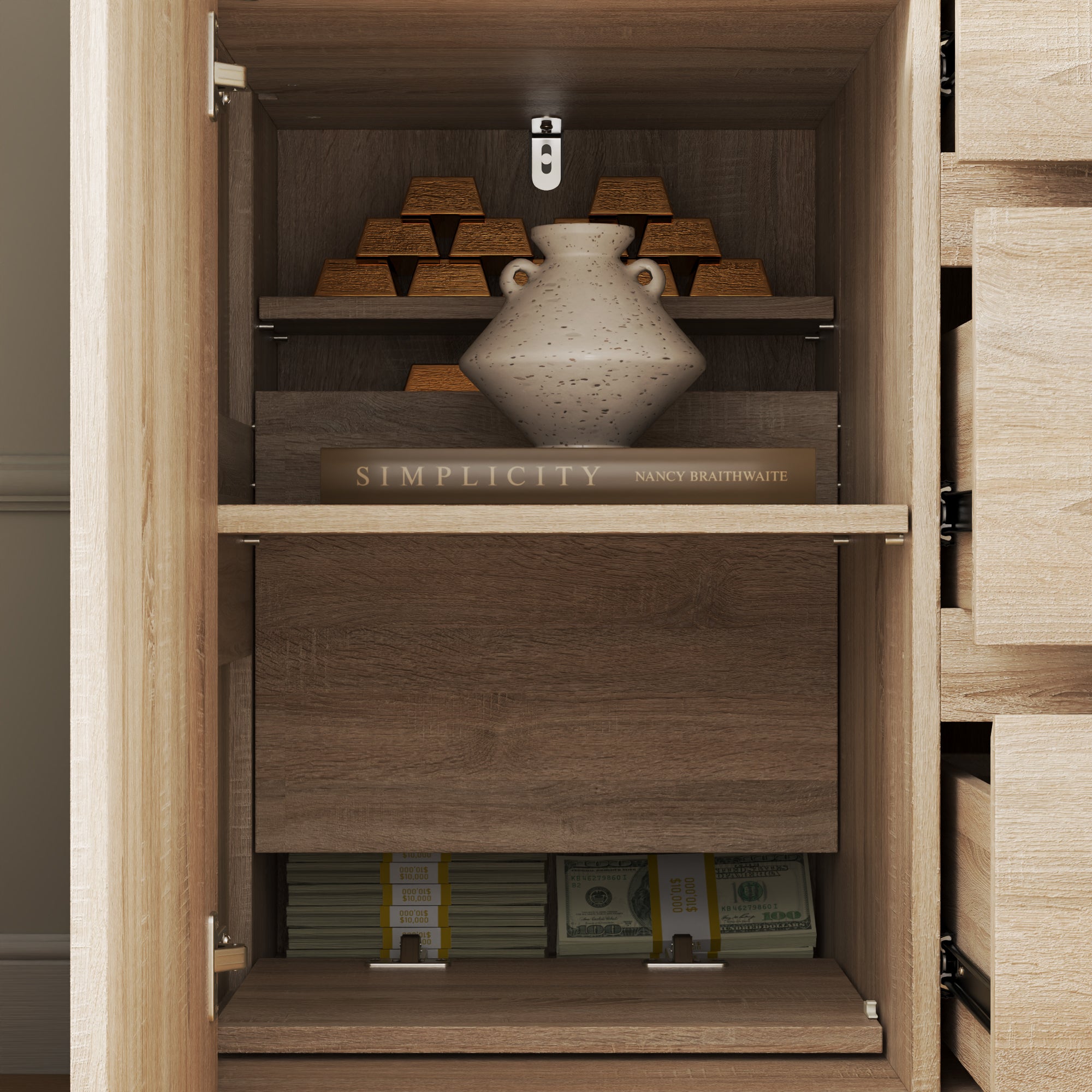 55'' W 3-Drawer Sideboard With Hidden Gun Safe Lock & Hidden Space & NFC