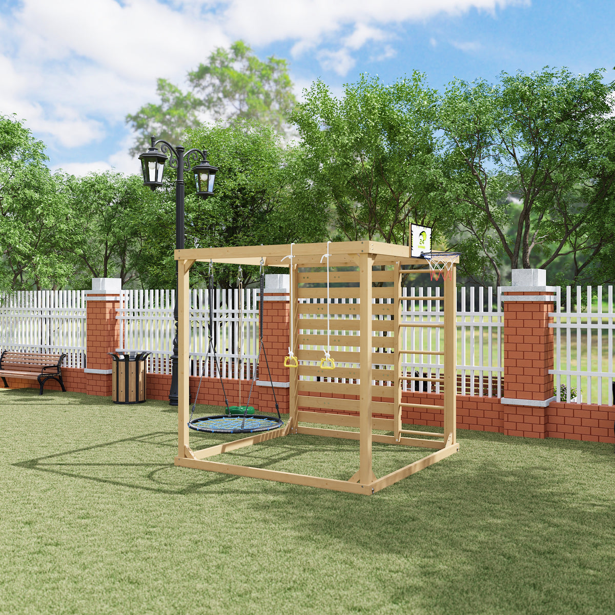 Wooden play structure with swings in a backyard setting