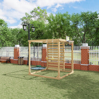 Wooden play structure with swings in a backyard setting