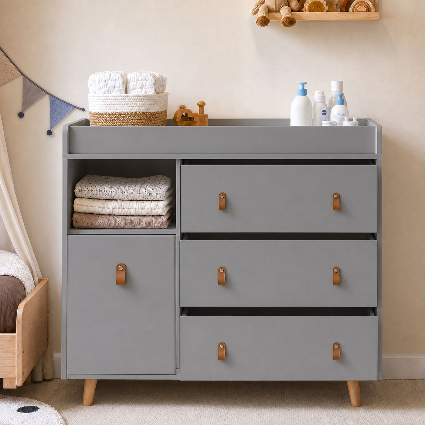 44.9" Modern Minimalist White/Wood 4-Drawer Nursery Changing Table Dresser